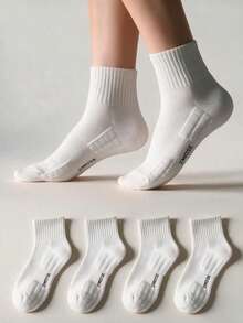 4pairs Thickened Towel Bottom Athletic Mid-Calf Socks, Unisex - White - View 1