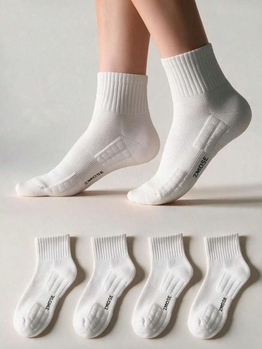 4pairs Thickened Towel Bottom Athletic Mid-Calf Socks, Unisex - White - View 1