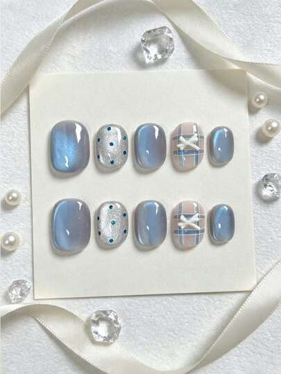 10pcs Short Oval Cat Eye Handmade Press On Nails,Gentle And Sweet Style,3D White Bow Decor & Blue Plaid Pattern,Removable And Reusable Wearable Nail Art,Suitable For Women And Girls Spring Summer Fall Winter,Daily Life Use,Valentine's Day Nails