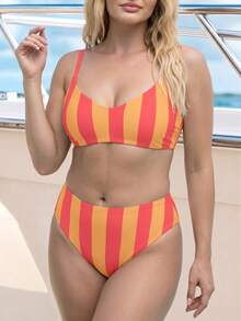 2026 Summer New Plus Size Women's Red & Yellow Wide Vertical Stripe Print Bikini Set, Random Print Shoulder Straps, Fresh Sweet Style Two Pieces Swimwear, High Waist Tummy Control, Fashionable & Versatile, Suitable For Beach Leisure, Hot Spring Vacation, Beachwear - Red and Yellow Stripes - View 11