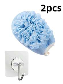 2pcs Bath Sponge Gloves + 2 Hooks Combo Set, Blue For Men, Pink For Women, Double-Sided Scrubbing & Foaming Practical Bathroom Set - Multicolor - View 13