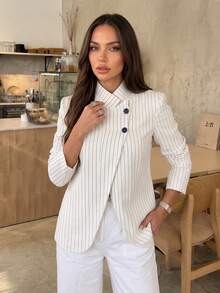 Women's Spring/Summer Striped Casual Blazer, Vintage Elegant, Professional Confident Workplace Style, Unlined White Fall - White - View 6