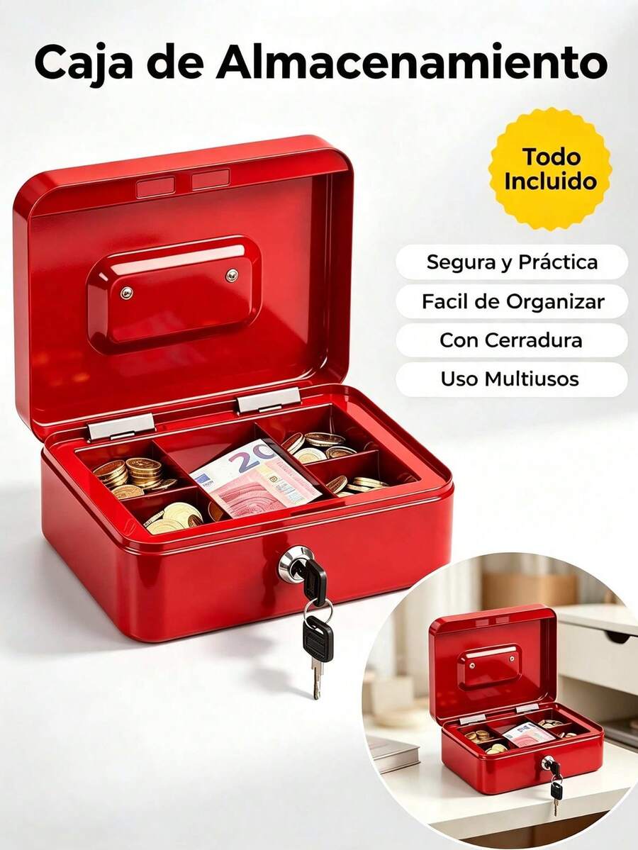 MEFENY Saf Security Money Box, Medium Matte Metallic Cash Box - Red - View 1