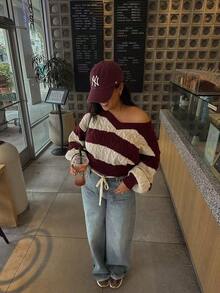 Women's Autumn/Winter New Fashion Loose Contrast Color Striped Cable Knit V-Neck Chunky Sweater Top - Burgundy - View 2