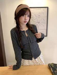 Selendang Gaya Minimalis Seksi 2 in 1 Desain Lengan Panjang Seksi Slim Fit Atasan yang Menawan, Koleksi Terbaru Musim Semi - Dark Grey - View 5