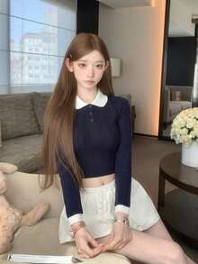 Korean Style College Style Color Block Polo Collar Long Sleeve Knit Sweater Women Autumn Youthful Slimming Versatile Crop Top - Navy Blue - View 3