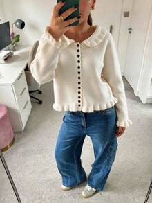 MORI Fall Winter Women Sweaters Casual Y2K Basic White Ruffle Trim Collar Button Front Long Sleeve Slim Fit Knit Cardigan Daily Outfits - White - View 8