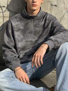 Men's Stand Collar Fashion Half-Zip Warm Outerwear Pullover Sweatshirt With Large Pockets - Grey - View 2