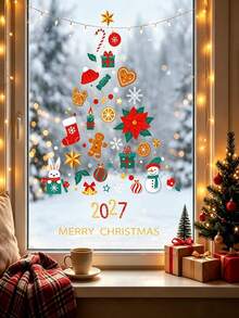 1pc Christmas Static Window Sticker, Creative Tree-Shaped Mixed Christmas Element Print, Includes 2027, Rabbit, Snowman, Gingerbread Man, Gift, Decorative Patterns, Reusable PVC Glass Door Wall Sticker, Indoor Home Christmas New Year Party Decoration - Style a - View 5