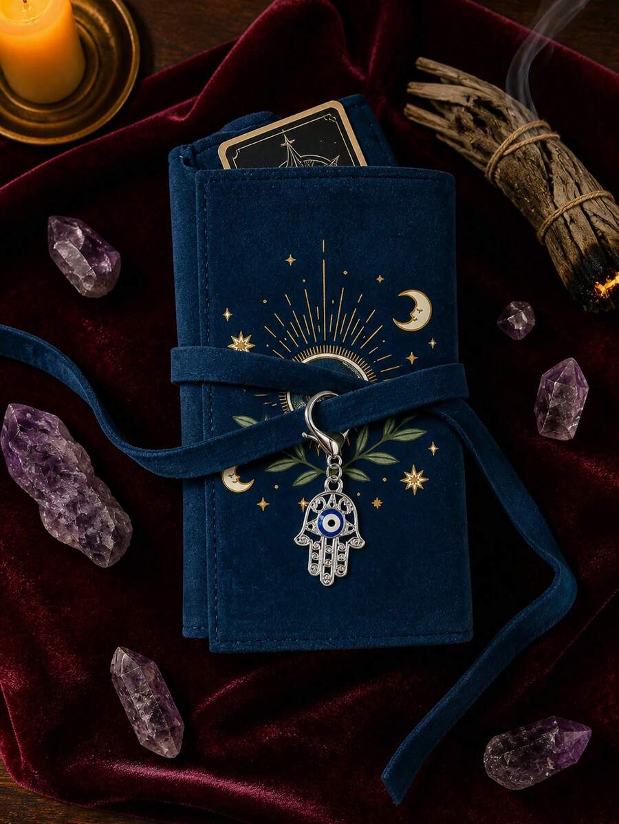 Tarot Card Pouch Star Moon Evil Eye Velvet Tarot Bag, Tarot Card Storage Roll Bag, Divination Card Storage Bag, Board Game Card Protective Case, Scroll-Style Card Bag, Suitable For Divination Enthusiasts, Occult Players, Perfect For Halloween, Birthday Holiday Gifts, Dust-Proof And Scratch-Resistant Card Protection, Home Meditation Gathering Tie-Wrap Card Storage Bag With Fatima Hand Pendant - Multicolor - View 1