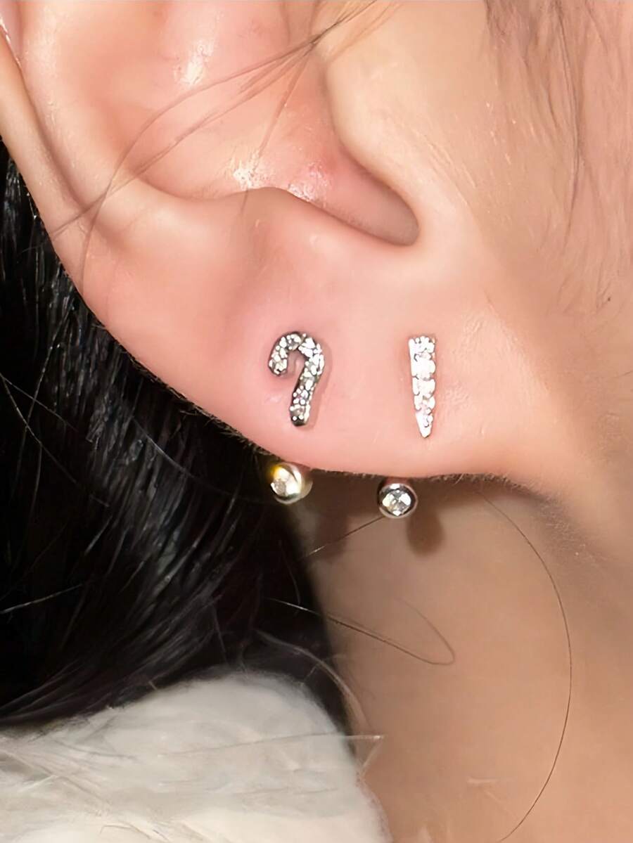 1 Pair Cool Unique Personalized Sparkling Question Mark & Exclamation Mark Asymmetrical Stud Earrings - Silver - View 1