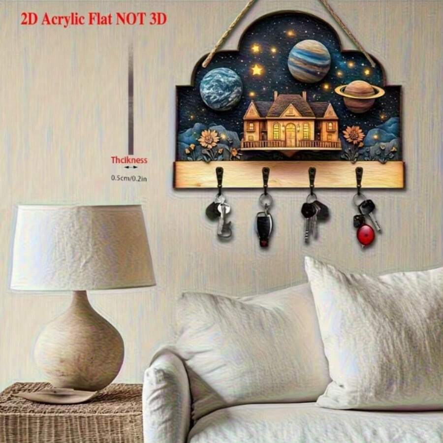 2D Flat Starlight Capsule Design Keychain - Wooden Decoration, With 4 Metal Hooks - Multi-Functional Home Decor, Wall Hanging - Multicolor - View 1