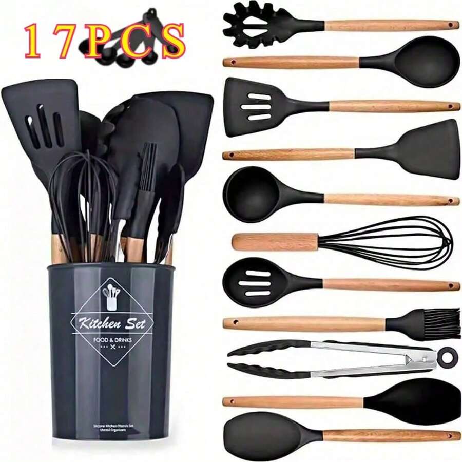 17 Piece Silicone Kitchen Utensil Set With Holder, Heat Resistant Cooking Utensils, Non Stick Pan Friendly, Modern Stylish Kitchen Tools For Daily Cooking - Default - View 1