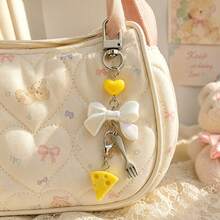 1pc/2pcs Women's Food-Inspired Imitation Cheese Resin Pendant Heart Beads Bow Fork Charm Keychain Gift For Friends Besties Cute Bag Accessory - Multicolor - View 1