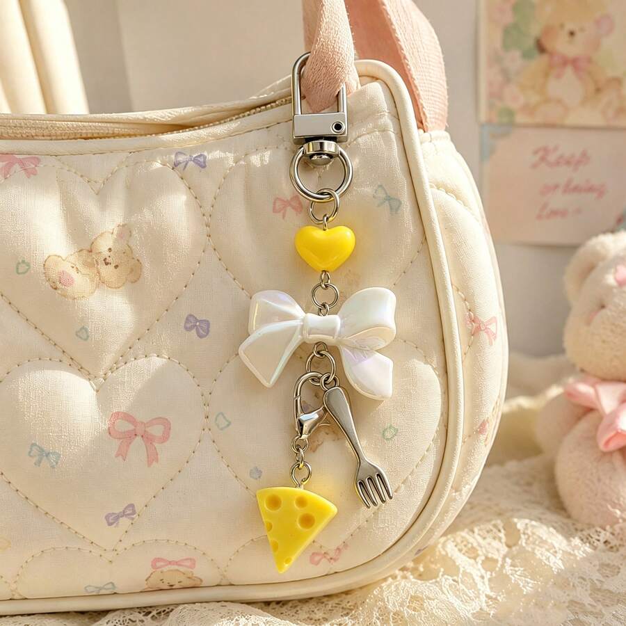 1pc/2pcs Women's Food-Inspired Imitation Cheese Resin Pendant Heart Beads Bow Fork Charm Keychain Gift For Friends Besties Cute Bag Accessory - Multicolor - View 1