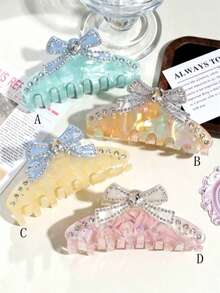 1pc Women's Sweet Elegant Premium Acetate Bow Rhinestone Hair Claw, Casual Hair Accessory Suitable For Daily Wear - Multicolor - View 1