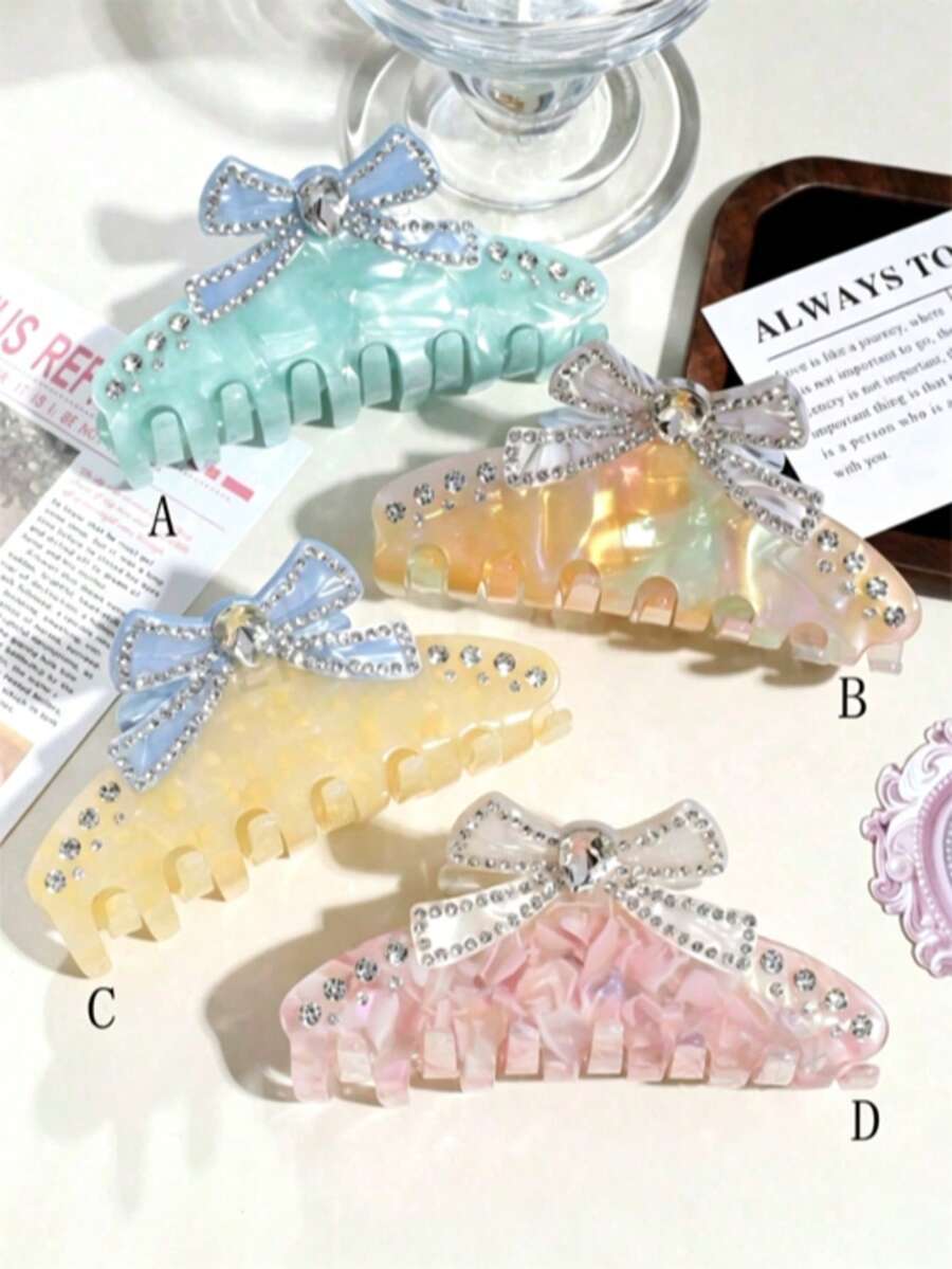 1pc Women's Sweet Elegant Premium Acetate Bow Rhinestone Hair Claw, Casual Hair Accessory Suitable For Daily Wear - Multicolor - View 1