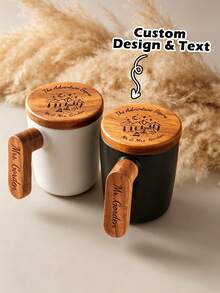 1pc Personalized Coffee Mug, Customized Ceramic Cup With Wooden Handle, Fun Ceramic Cup With Lid, Birthday Gift For Mom, Valentine's Day Gift For Her, Gift For Parents, Friends, Couples, Wedding, Birthday, Anniversary - Multicolor - View 1
