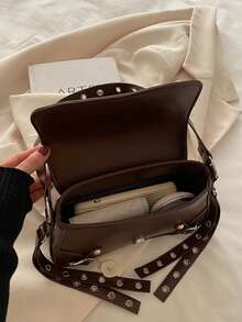 1 buah Tas Selempang/Tas Bahu Gaya Punk Cokelat Tua dengan Hiasan Paku Keling Bulat Perak, Gesper Logam di Bagian Depan, Desain Pita Berpaku Keling pada Tali dan Sisi, Memberikan Nuansa Manis & Keren yang Kuat, Cocok untuk Gaya Pakaian Y2K, American Vintage, dan Lainnya, Bahan PU - Coffee Brown - View 6