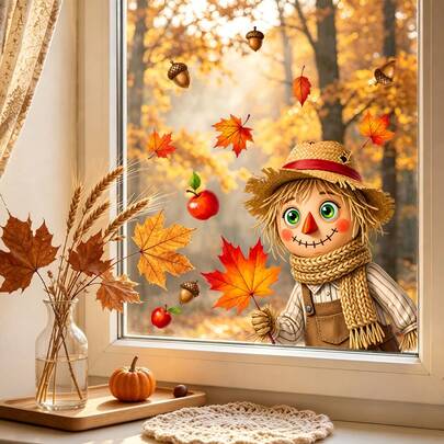 Herbst Fensteraufkleber Vogelscheuche Kürbis Ahornblatt Aufkleber, Thanksgiving Herbst statische Haftung Glasaufkleber, geeignet für Zuhause Küche Wohnzimmer Feiertagsdekoration