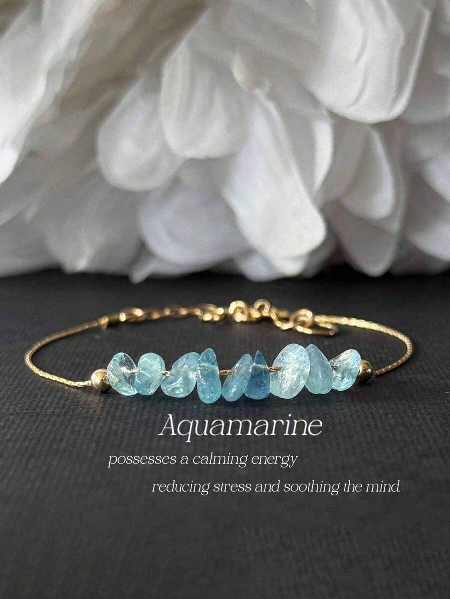 Aquamarine Bracelet, Natural Crystal Adjustable Bracelet For Stress Relief And Emotional Balance, Symbolizing Good Luck And Smoothness. Perfect Daily Gift For Women. [Natural Stone Color And Shape May Vary] - Baby Blue - View 1