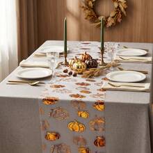 Halloween Thanksgiving Theme Table Runner Transparent Pumpkin Pattern Party Backdrop Decor For Birthdays Anniversaries Home Decor Holiday Parties Photo Background Halloween Thanksgiving Party Banquet Decor - A - View 3