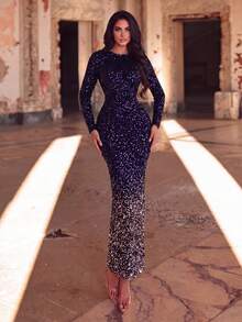 Faeriesty Women's Shiny Long Sleeve Round Neck Sequin Formal Evening Dress, Contrast Hem Split Design, Suitable For Formal Occasions Elegant Party Wedding Fall - Purple - View 5