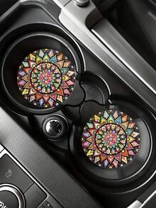 2pcs Boho Mandala Car Cup Coaster, Non‑Slip Decorative Vehicle Cup Holder Insert, Stylish Car Interior Decoration Accessory - Multicolor - View 2