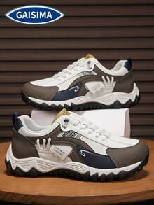 GAISIMA Men's Multi-Color Patchwork Label Decor Thick Sole Sports Shoes, Casual Anti-Slip Lace-Up Skateboard Shoes, Suitable For Street Outings In Spring And Autumn - Khaki - View 1