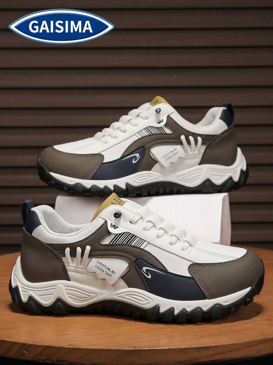 GAISIMA Men's Multi-Color Patchwork Label Decor Thick Sole Sports Shoes, Casual Anti-Slip Lace-Up Skateboard Shoes, Suitable For Street Outings In Spring And Autumn - Khaki - View 1