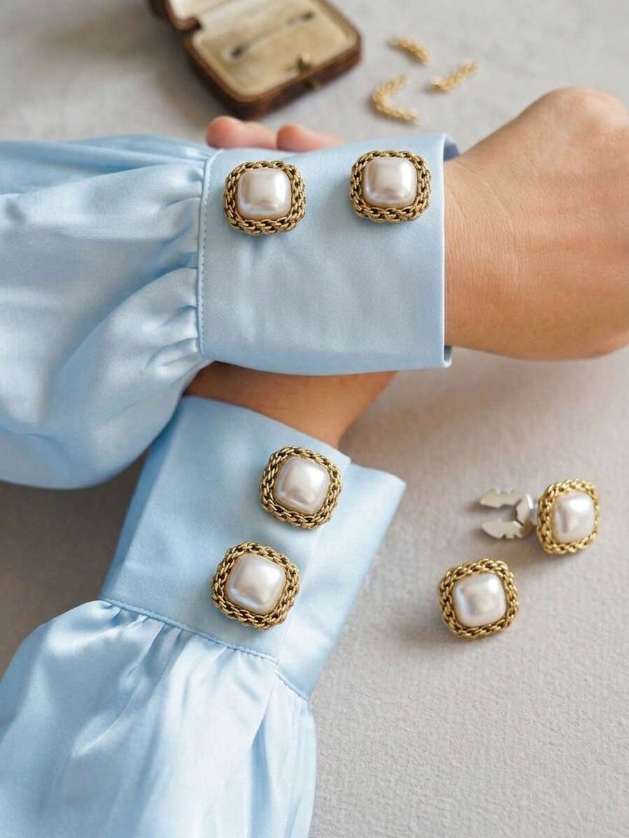 6/2/1PC Vintage Square Faux Pearl Button Covers Gold Chain Trimmed Shirt Collar Button Caps Clip-On Cufflinks Formal Dress Clothing Accessories - Multicolor - View 1
