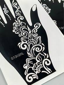 2對海娜風格花卉手部紋身模板，左右手阿拉伯旋渦紋 Mehndi 模板，DIY 身體彩繪貼紙，適用於節慶派對臨時紋身創作 - 黑色 - 查看 7