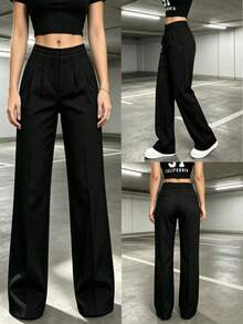 High-Waisted Pleated Wide-Leg Pants, Elegant And Suitable For Work In Autumn/Winter - Black - View 1