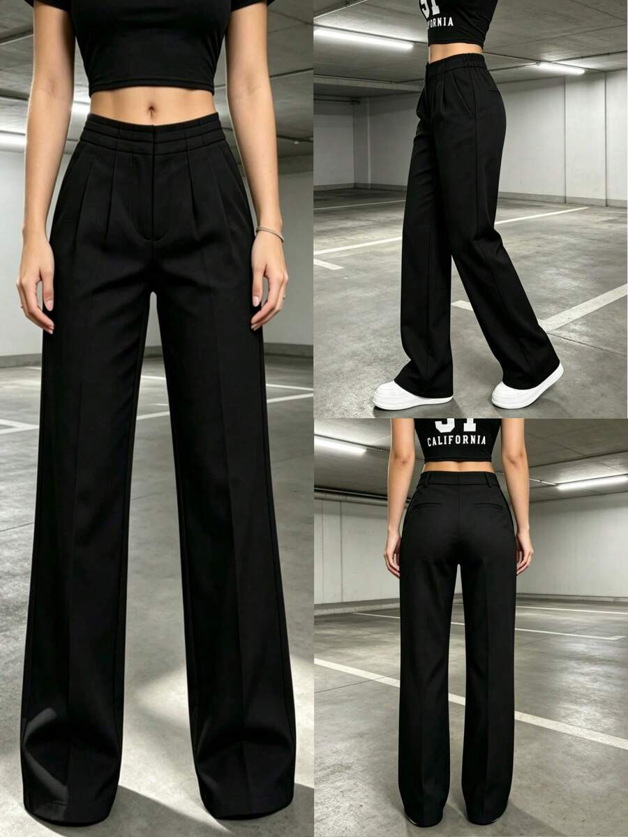 High-Waisted Pleated Wide-Leg Pants, Elegant And Suitable For Work In Autumn/Winter - Black - View 1