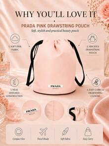 Prada Pink Drawstring Storage Bag, 15.5cm Wide X 20.5cm High, 1pc, Soft And Lightweight Fabric, Drawstring Closure, Suitable For Storing Makeup And Miscellaneous Items For Outings, Gift For Friends And Family - Pink - View 6