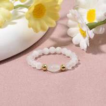 1pc Bohemian Style 3mm Natural Stone Rose Quartz Aquamarine Sparkling Faceted Round & Irregular Beads Elastic String Ring, Minimalist Elegant Beaded Ring For Women Stacking, Friendship Memorial Gift - Multicolor - View 7