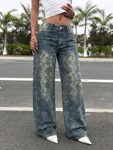 Celana Jeans Wanita Model Vintage Motif Ular Seluruh Permukaan, Potongan Lebar Pinggang Sedang, Model Longgar dan Lusuh, Gaya Jalanan Y2K yang Dipersonalisasi, Celana Denim Hot Girl, Pakaian Wajib untuk Musim Gugur - Medium Wash - View 5