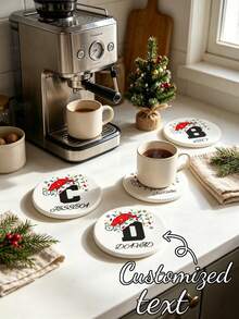 1pc Customized Name Christmas Hat Shaped Absorbent Ceramic Coaster, Heat-Resistant Pad, Suitable For Drinks, Tea Cups And Coffee Mugs, Home And Restaurant Decor, Holiday Essential Gift, Christmas Decoration, Christmas Gift - Multicolor - View 1