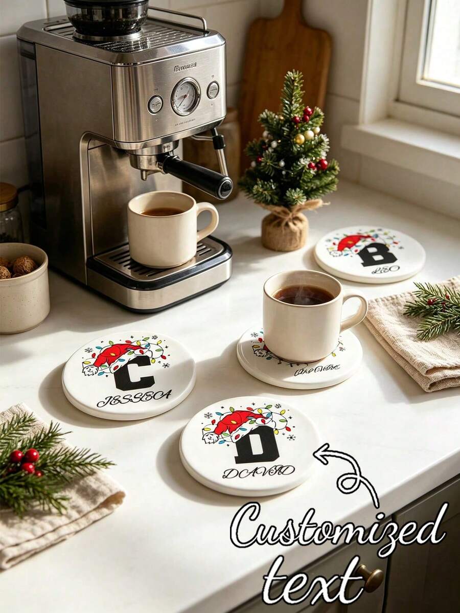 1pc Customized Name Christmas Hat Shaped Absorbent Ceramic Coaster, Heat-Resistant Pad, Suitable For Drinks, Tea Cups And Coffee Mugs, Home And Restaurant Decor, Holiday Essential Gift, Christmas Decoration, Christmas Gift - Multicolor - View 1