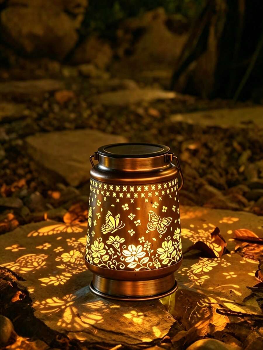 1PC Antique Bronze Hollow Butterfly Solar Hanging Lantern, Shadow Projection LED Solar Lamp, Outdoor Waterproof Decor Ornament For Patio Yard Porch Garden Daily & Festival Lighting - Multicolor - View 1