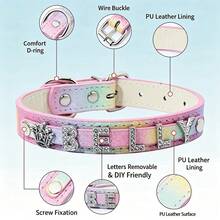 Personalized Dog Collar, PU Leather Small Dog Cat ID Collar With Rhinestone Heart & Star Decor, Suitable For Small/Medium/Large Dogs - Multicolor - View 5