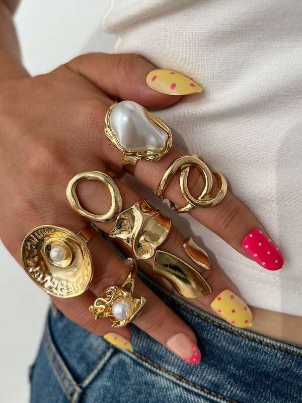 7pcs Elegant Vintage Fashion Faux Pearl Geometric Pleated Round Metal Ring Set For Women Daily And Holiday Wear
