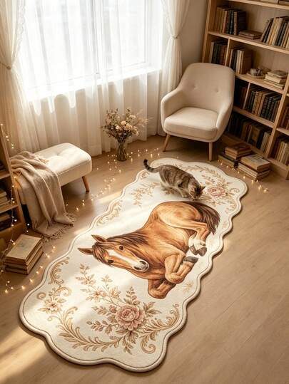1 pieza Alfombra larga vintage con diseño de poni, estilo elegante y romántico, pasillo, cocina, alfombra de área, decoración del hogar, dormitorio, jardín, alfombra lavable