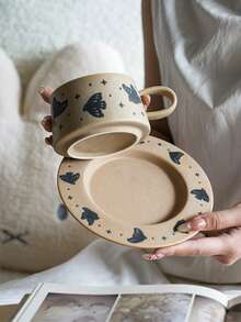 Bird & Floral Ceramic Coffee Cup And Saucer, Exquisite Ceramic Coffee Cup And Saucer, Can Be Used As Coffee Cup, Milk Cup, Breakfast Cup, Latte Cup, Suitable For Home Kitchen Restaurant Office, Large Capacity Comfortable Handle, Multi-Functional Mug, Personalized Holiday Gift - Multicolor - View 5