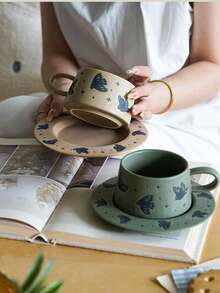 Bird & Floral Ceramic Coffee Cup And Saucer, Exquisite Ceramic Coffee Cup And Saucer, Can Be Used As Coffee Cup, Milk Cup, Breakfast Cup, Latte Cup, Suitable For Home Kitchen Restaurant Office, Large Capacity Comfortable Handle, Multi-Functional Mug, Personalized Holiday Gift - Multicolor - View 2