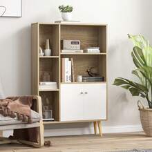 Scandinavische boekenkast/opbergmeubel, afmetingen 80L x 23,5B x 123H cm, 5 vakken, 2 deuren, taps toelopende poten - A - Bekijken 4