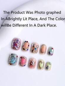 24 Pcs Short Square False Nails Featuring Y2K Punk-Style 3D Silver Metal Rhinestone Stars And Hearts. Perfect For Street Style, Parties, Punk-Themed Gatherings, And Everyday Wear. - Multicolor - View 4