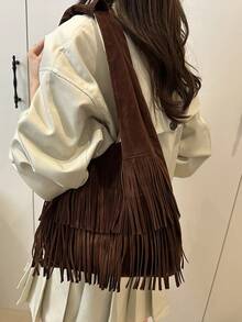 Solid Color Suede Matte Women's 2026 New Tassel Shoulder Bag, Fashionable Large Capacity Practical Tote Bag, Versatile Underarm Bag - Coffee Brown - View 5