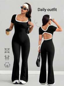 VENORA PETITE Women's Colorblock Trim Square Neck Short Sleeve Jumpsuit, Hollow Out Open Back Slim Fit Flared Long Pants, Y2K Hot Girl Style - Black - View 2