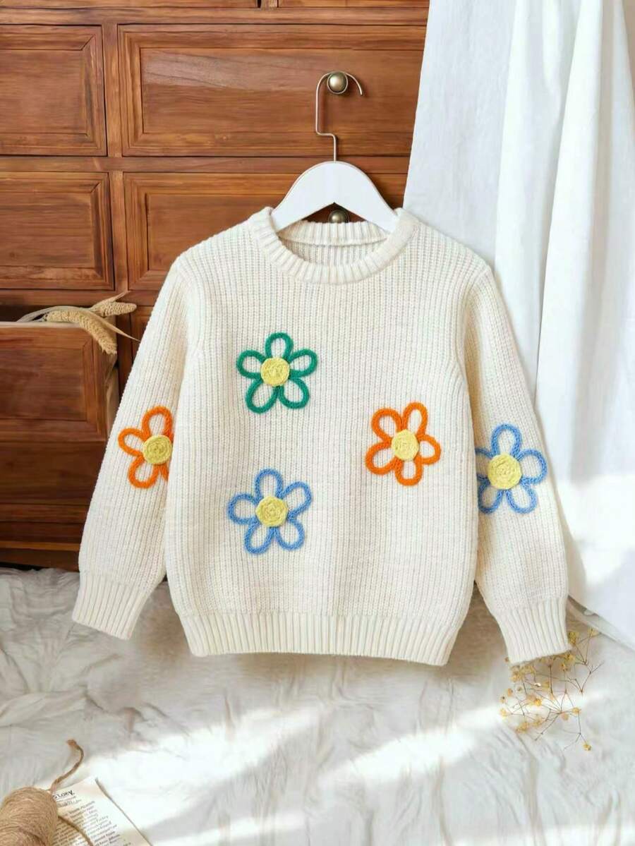 女童可愛甜美3D彩色花卉刺繡圓領正肩套頭針織毛衣 - 杏色 - 查看 1